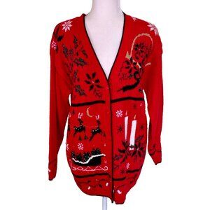 Vintage Sasson Women’s Red Ugly Christmas Sweater Cardigan Holiday Size Medium